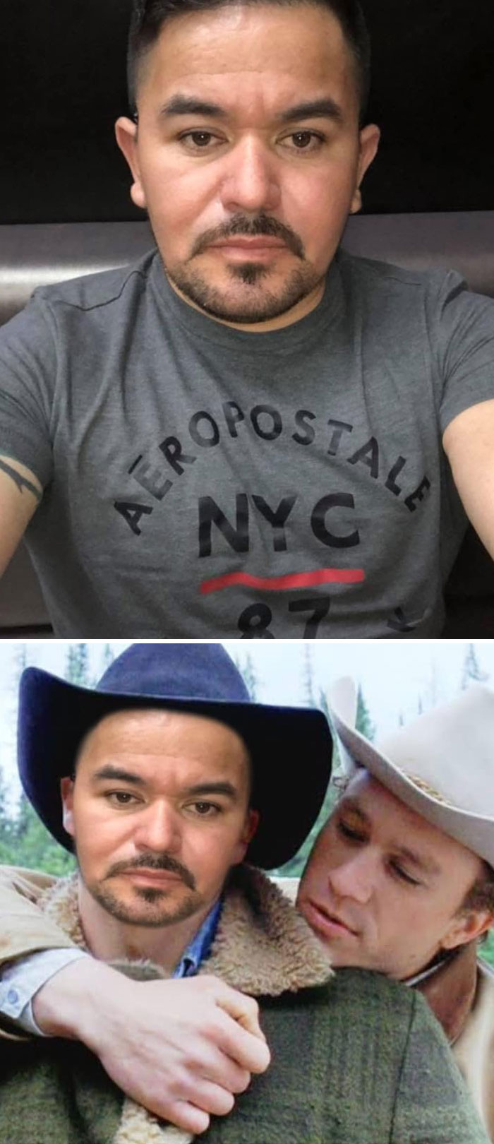 Photo editing result shows a man's face humorously placed over a movie character wearing a cowboy hat.