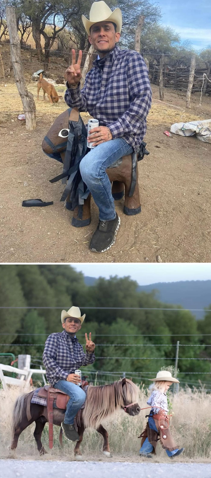 Cowboy photo editing result with man on a miniature wooden horse and then on a real pony, both times holding a drink.