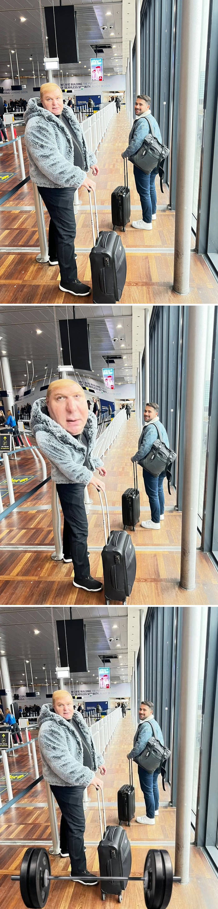 Hilarious photo editing results with funny distortions at an airport security queue.