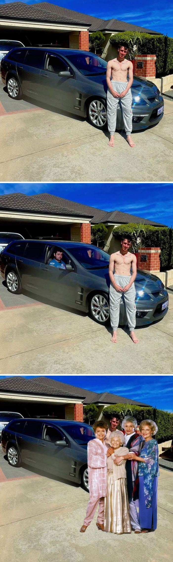 Hilarious photo editing shows unexpected figures added next to a shirtless man by a car.