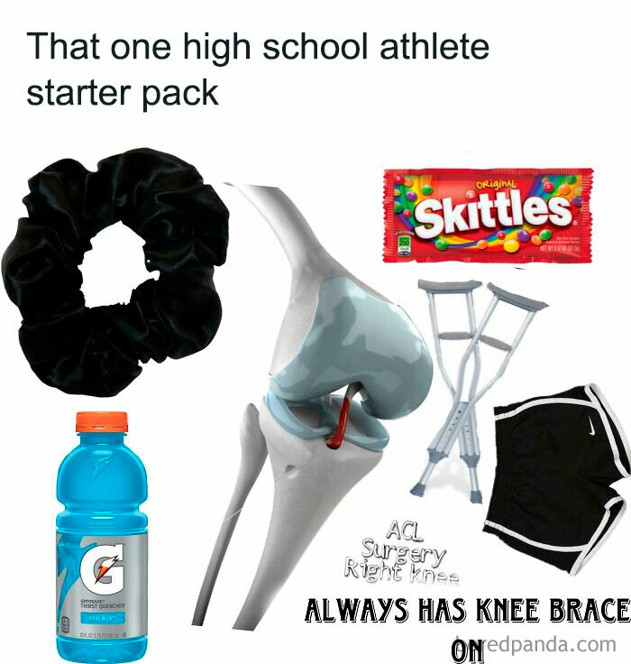 High school athlete starter pack with a scrunchie, Skittles, crutches, Gatorade, and knee brace image.