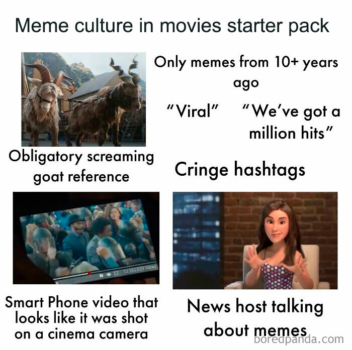 Meme culture starter pack with screaming goat, old memes, cringe hashtags, and news host discussing memes.