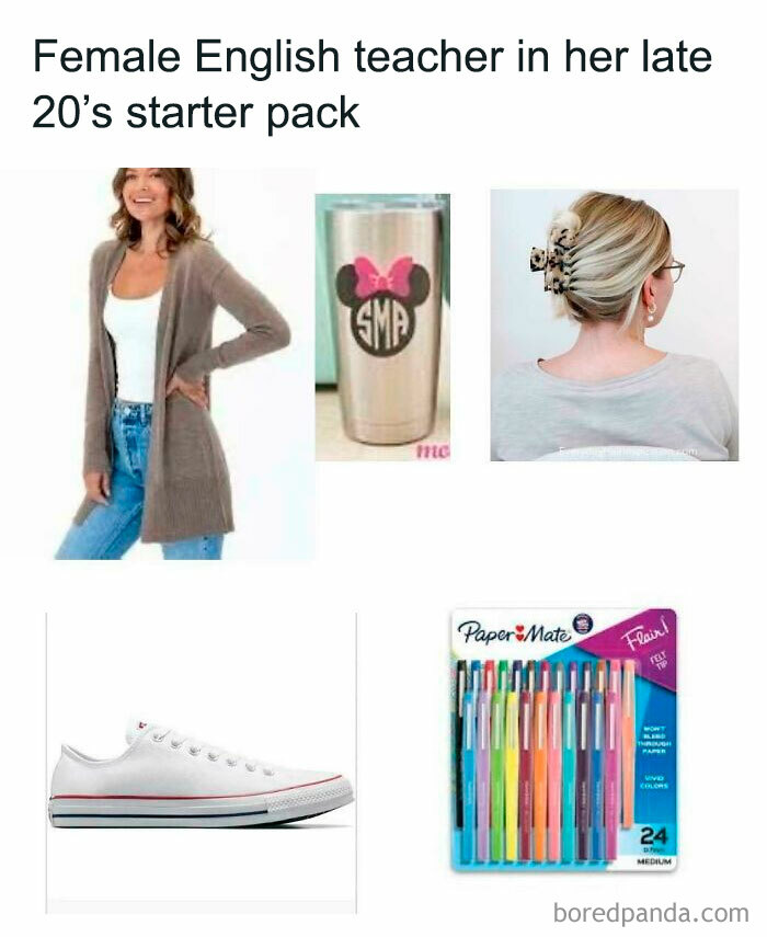 Starter pack image featuring essentials: cardigan, tumbler, hair clip, sneakers, and colored pens.