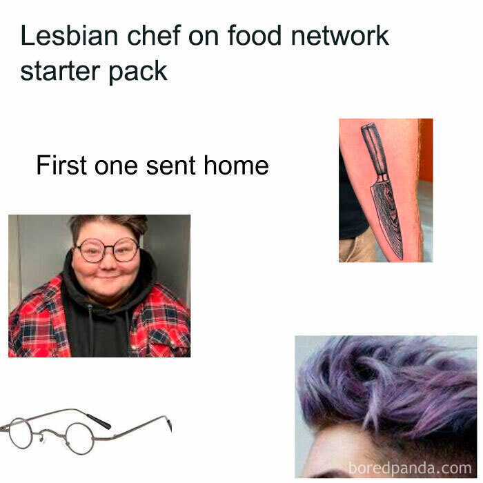 "Starter pack with glasses, tattoo, styled hair, red plaid shirt, humorous theme."