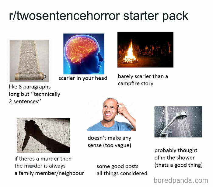 ‘Starter Pack’ meme about r/twosentencehorror, with relatable humor on vague stories, common tropes, and creative ideas.
