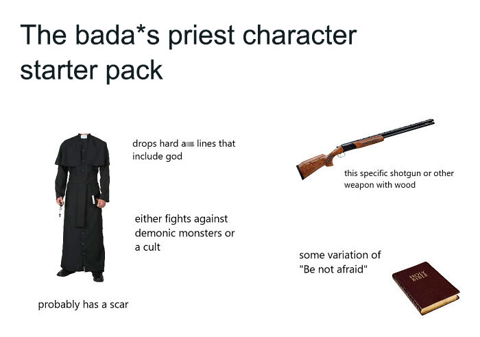Bada*s priest character starter pack with s*****n, Bible, and a black robe, often fighting cults or monsters.