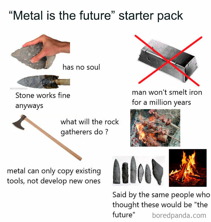 "Metal is the future" starter pack parody, comparing stone and metal tools humorously.