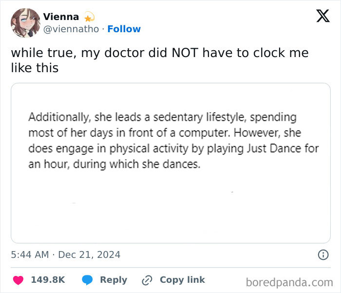 Funny tweet about a doctor’s comment on a sedentary lifestyle, mentioning Just Dance as physical activity.