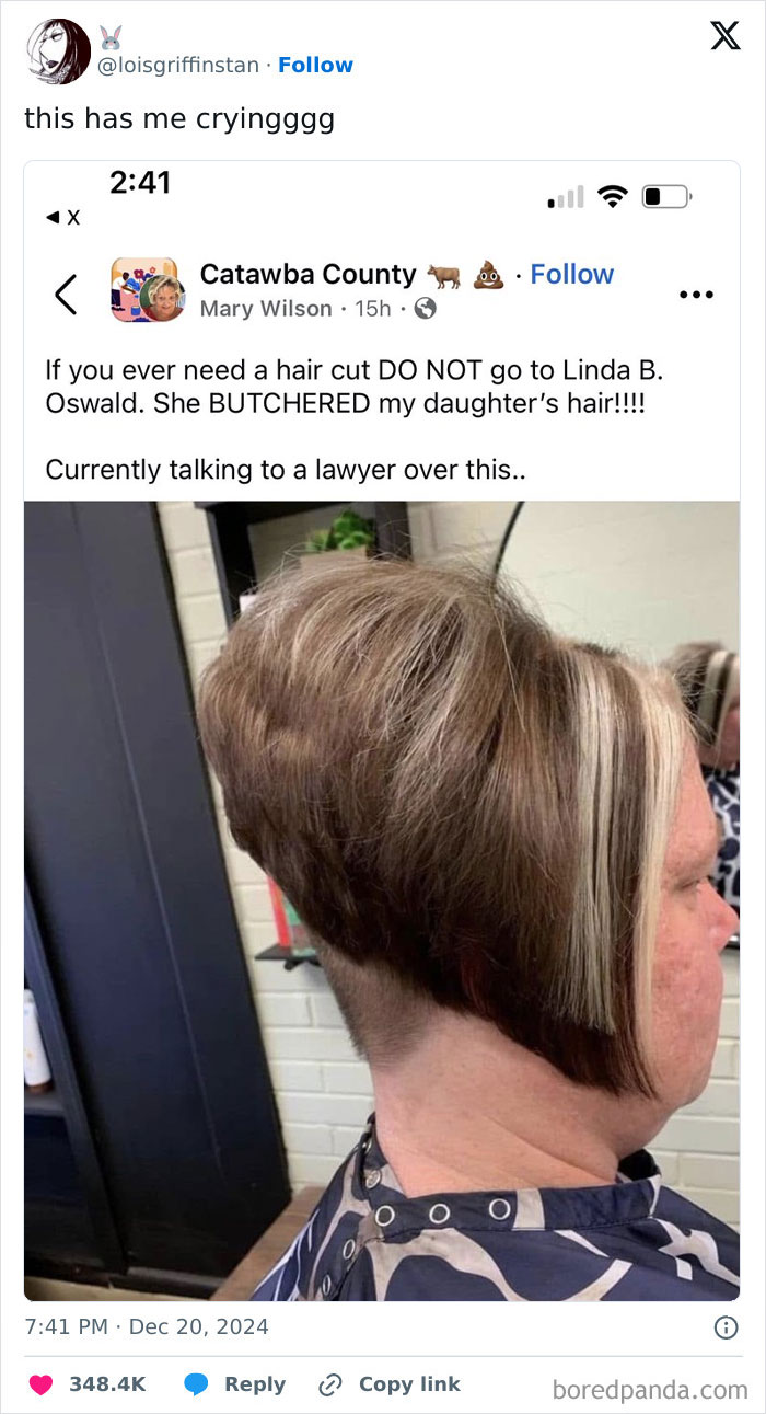 Funny tweet about a haircut mishap, featuring an unusual haircut and a humorous complaint about a hairdresser.