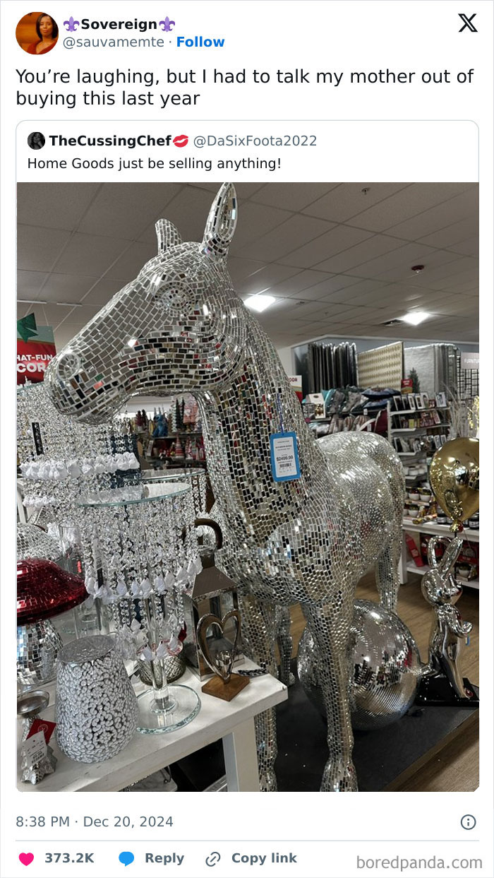 Sparkly mosaic horse statue in a store, showcasing humorous tweet about unique home goods.