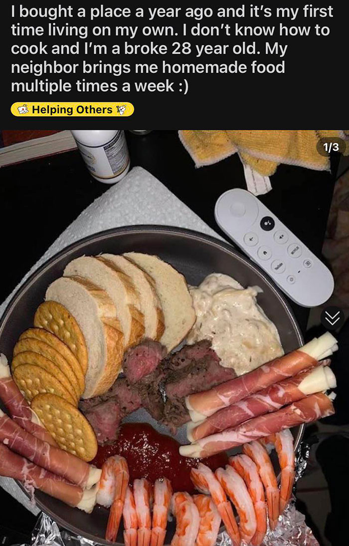 A plate of homemade food with bread, crackers, shrimp, and rolled meats, symbolizing funny wholesome surprises.