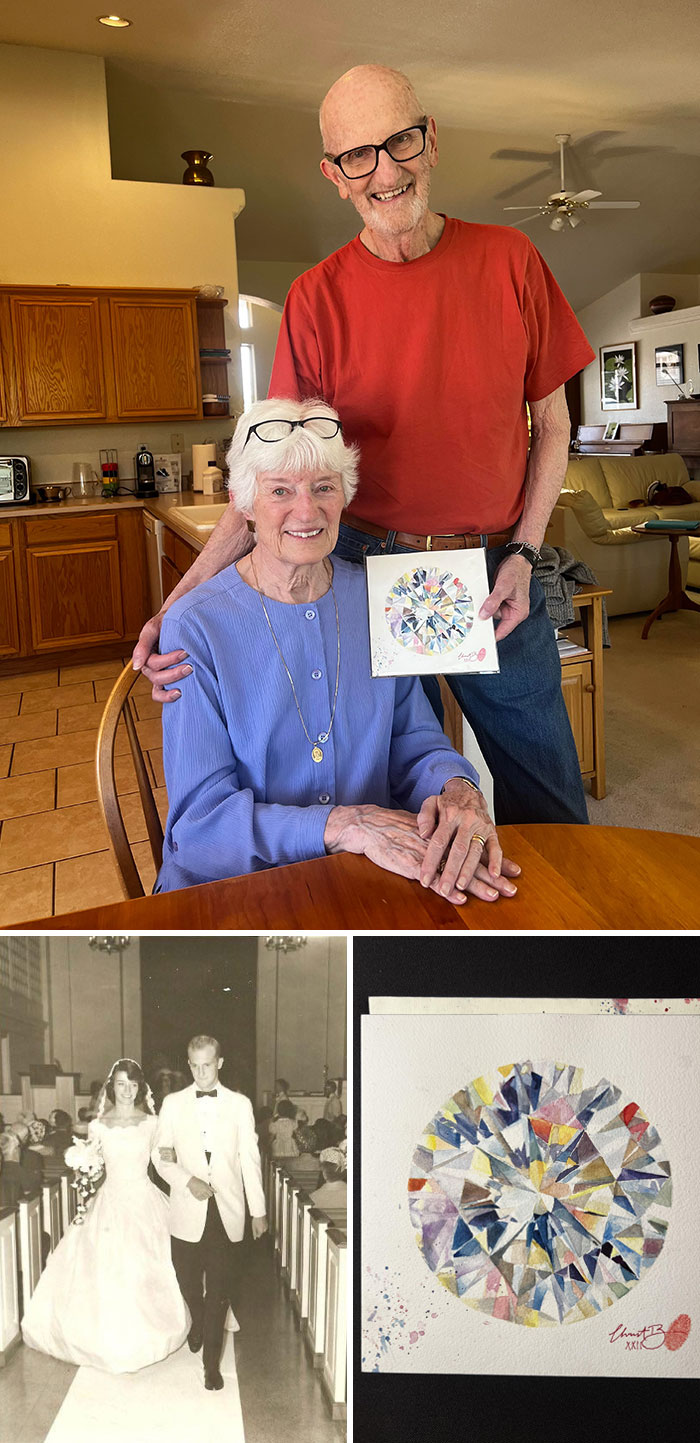Elderly couple celebrates anniversary with a funny and wholesome surprise, holding a colorful artwork.
