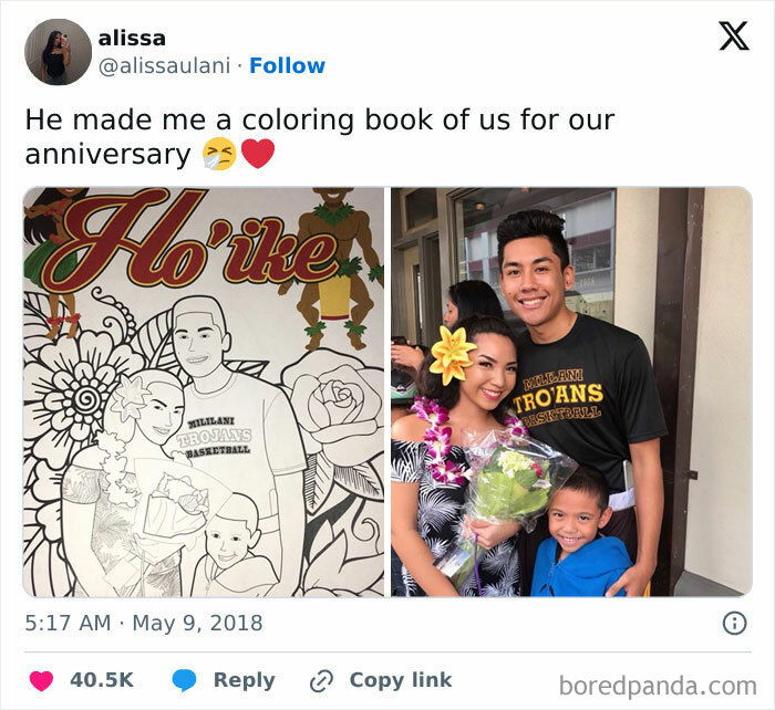 Couple with a coloring book anniversary surprise, smiling with a child, holding flowers.