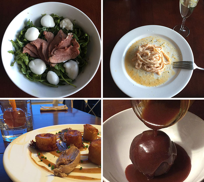 Gourmet dishes and drinks presented as humorous anniversary surprises, featuring creative and elegant plating.