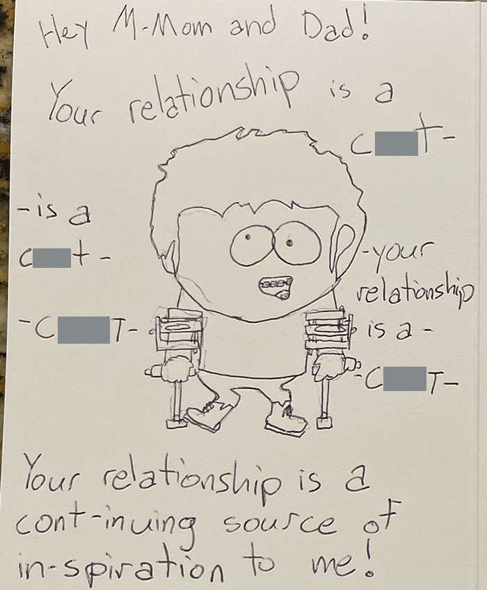 Funny, wholesome anniversary card with a cartoon character illustration and playful handwritten message.