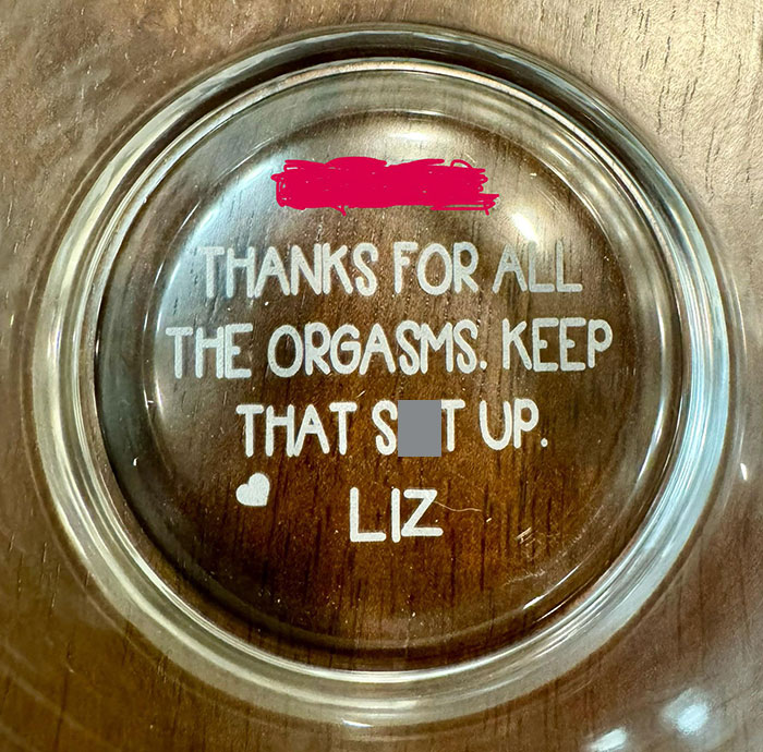 Glass plate with a funny-wholesome message, thanking a partner humorously, perfect for an anniversary surprise.