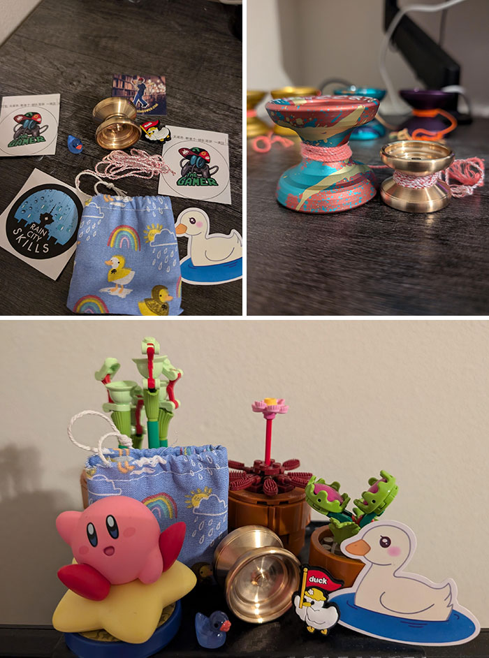 Colorful yo-yos and cute items displayed for funny wholesome anniversary surprises.