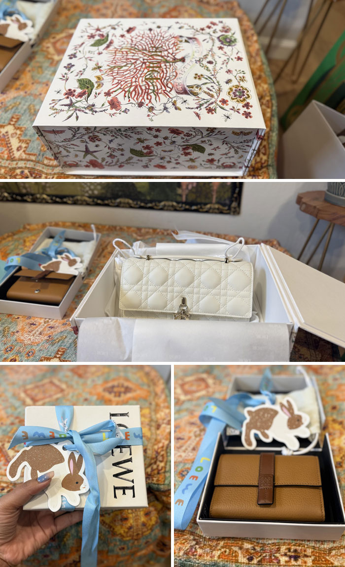 Gift boxes open to reveal handbags and decorated with cute animal tags for a funny-wholesome-anniversary-surprise.