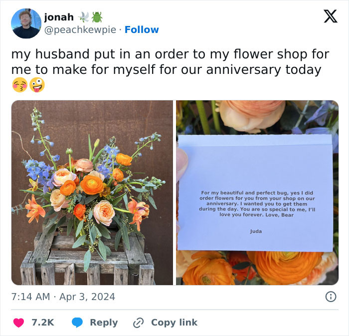 A colorful bouquet next to a heartfelt anniversary note, showcasing funny wholesome surprises.