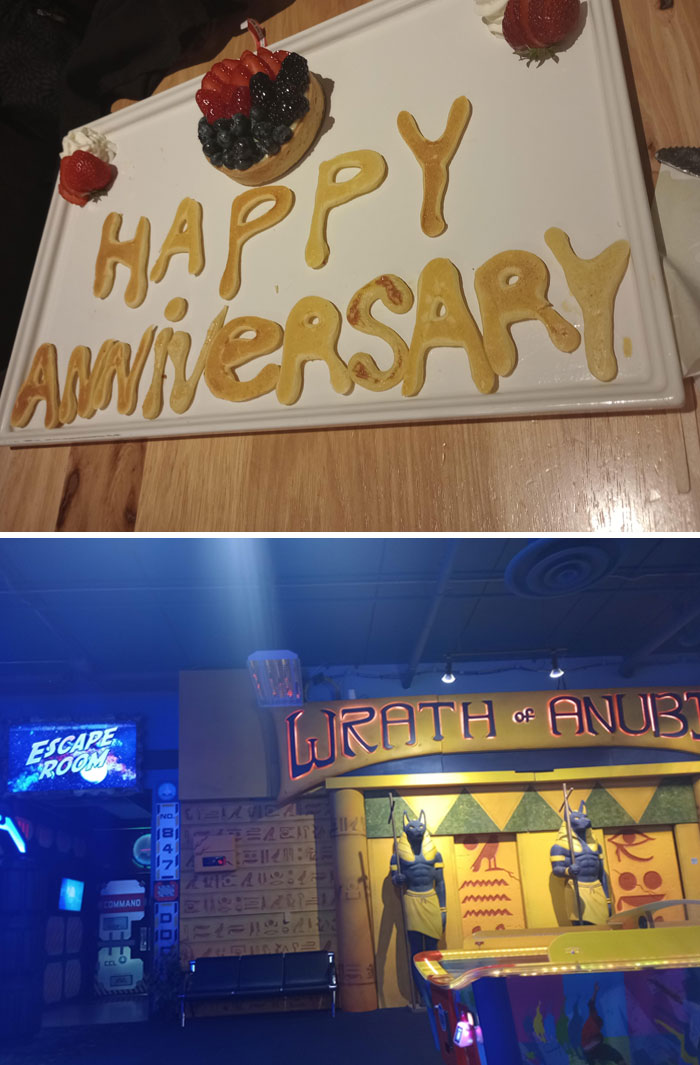 Funny wholesome anniversary surprise with dessert spelling “Happy Anniversary” next to an escape room entrance.