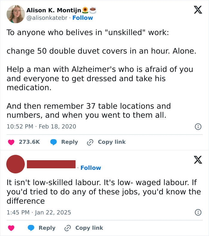 Social media post discussing the importance and challenges of skilled work, highlighting kindness and empathy.