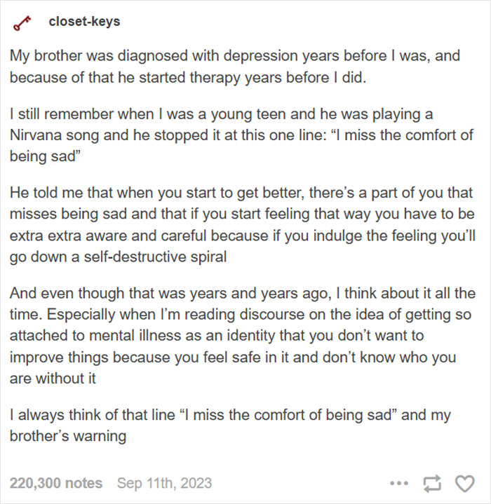Text post discussing a brother's advice on mental health and overcoming sadness, emphasizing kindness and awareness.