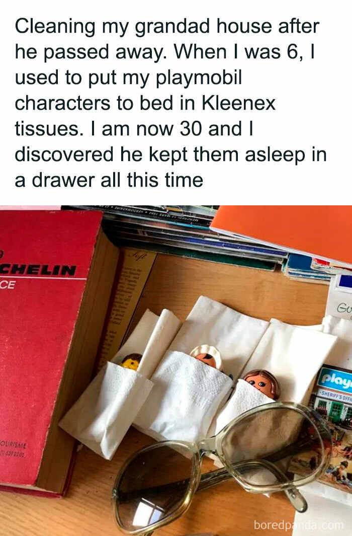 Playmobil figures wrapped in tissues in a drawer; heartwarming reminder of a grandparent's kindness.