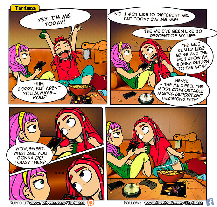 Two girls on a couch discussing identity, humorously portraying girl relationships with gadgets and snacks.