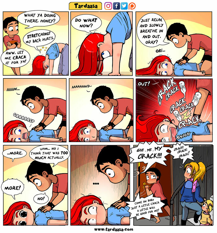 Comic strip humorously depicting a girl getting her back c*****d by a partner, highlighting relationship quirks.
