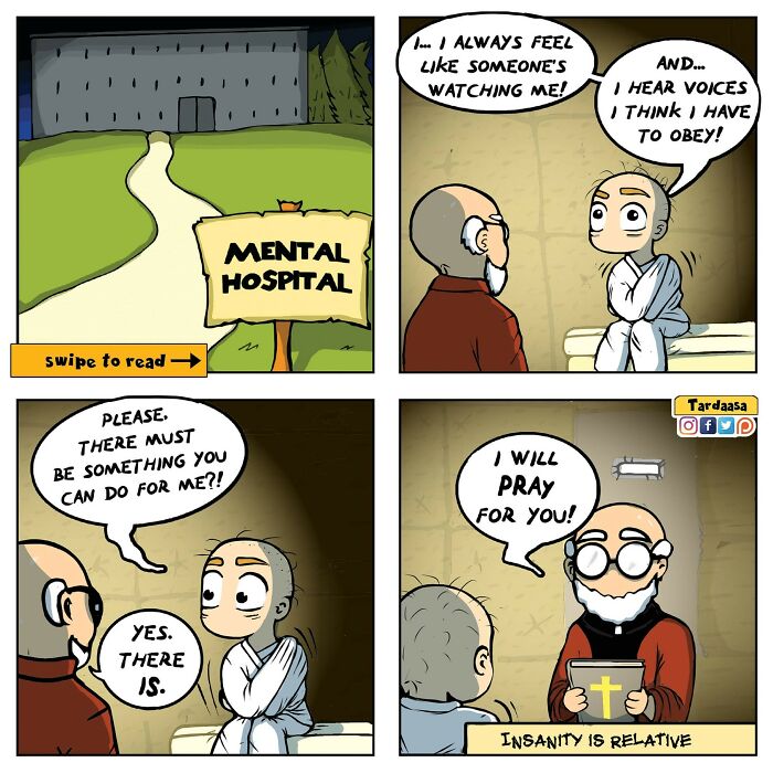Comic about relationships with a humorous take, set in a mental hospital with a patient and doctor talking.