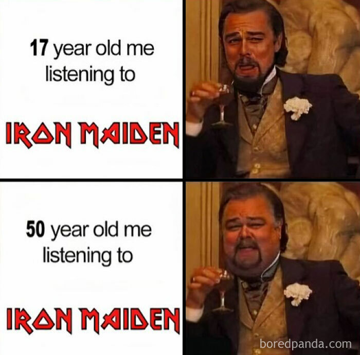 Gen X humor meme showing aging rock fan's reaction to Iron Maiden at 17 and 50 years old, comparing enthusiasm levels.