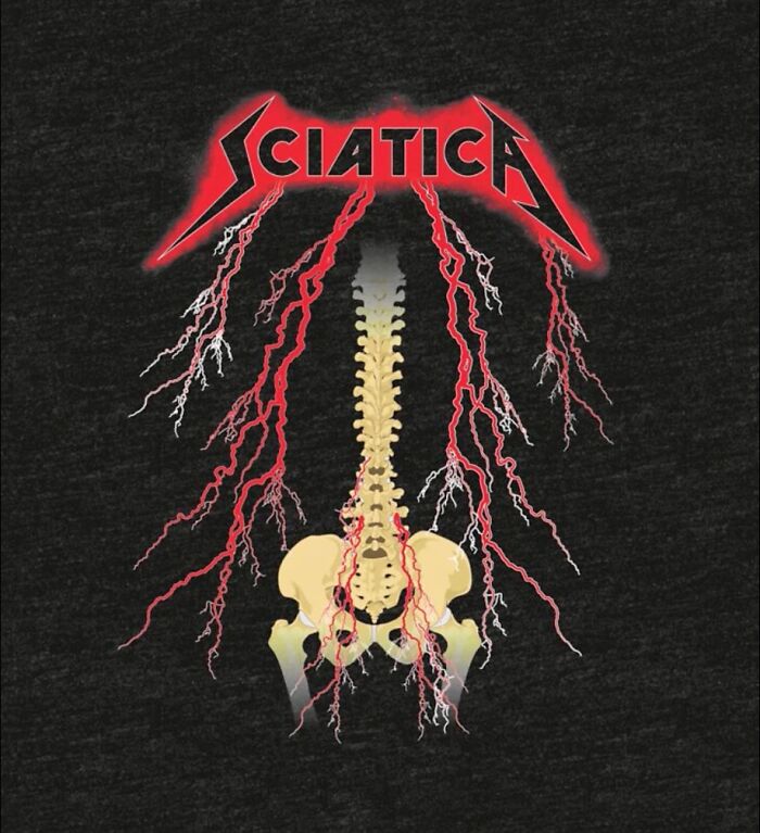 "Gen X humor shirt with 'Sciatica' in metal band style, depicting spine and nerves in vibrant red."