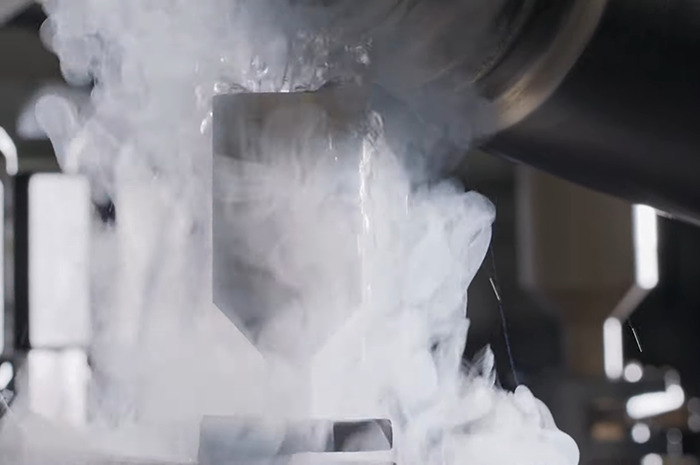 Cryonics process with heavy mist, showcasing body freezing technology for future revival.