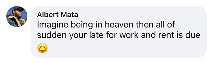 Chat message joking about being revived in the future, highlighting body freezing and rent.