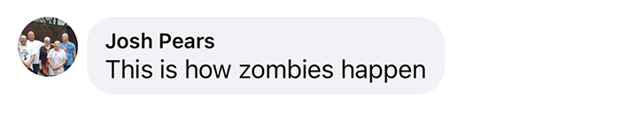 "Chat message from Josh Pears discussing how zombies happen in the context of body freezing services.