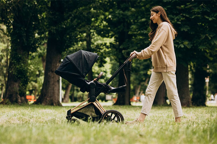 German woman walking with a stroller in a park, sharing cultural insights.
