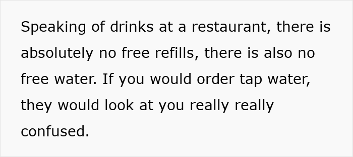 German woman discusses cultural insights on restaurant drink practices, noting no free refills or tap water.
