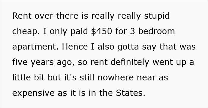 Text discussing cultural insights on rent differences between Germany and the U.S., highlighting cheaper costs in Germany.
