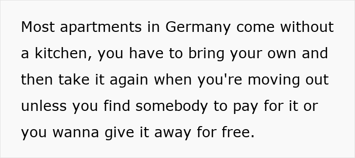 Text explaining German cultural insights about apartments lacking kitchens.