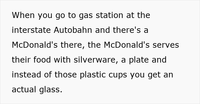 Text about German McDonald's serving food with silverware and glasses at Autobahn gas stations.