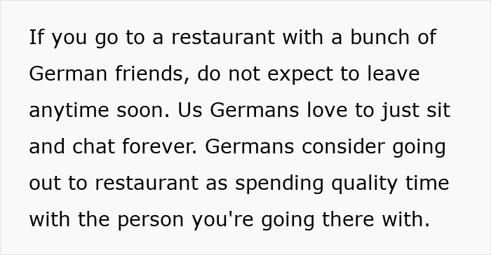 Text highlighting German woman's cultural insights on dining and socializing.
