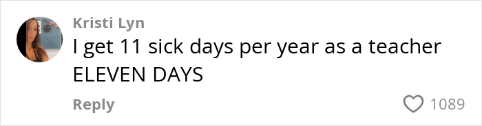 Comment highlighting German woman&rsquo;s insight: 11 sick days as a teacher annually, with 1089 likes.