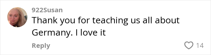 Comment appreciating cultural insights about Germany, with a user's profile photo and likes.