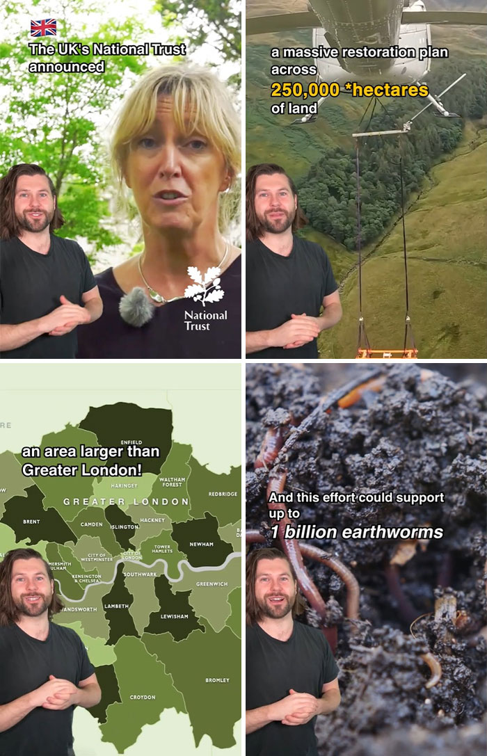 National Trust announces restoration of 250,000 hectares, larger than Greater London, supporting 1 billion earthworms.