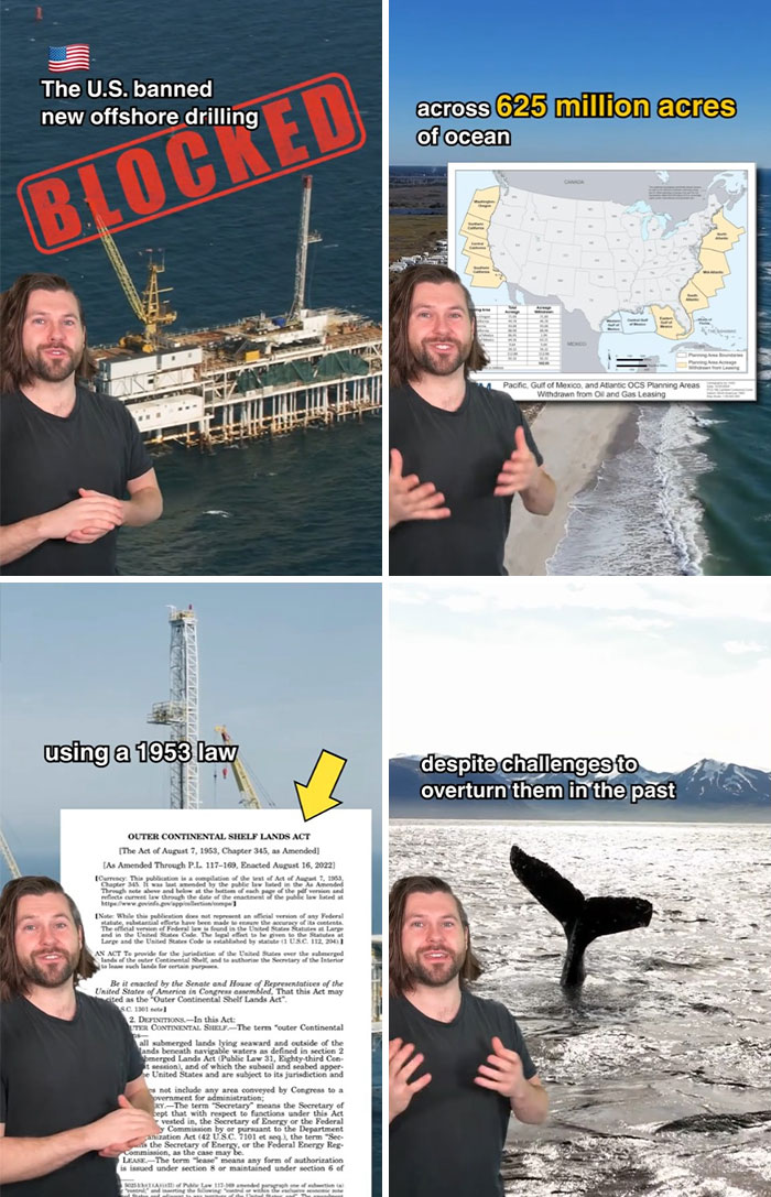 U.S. bans offshore drilling, covering 625 million acres, using 1953 law despite past challenges.