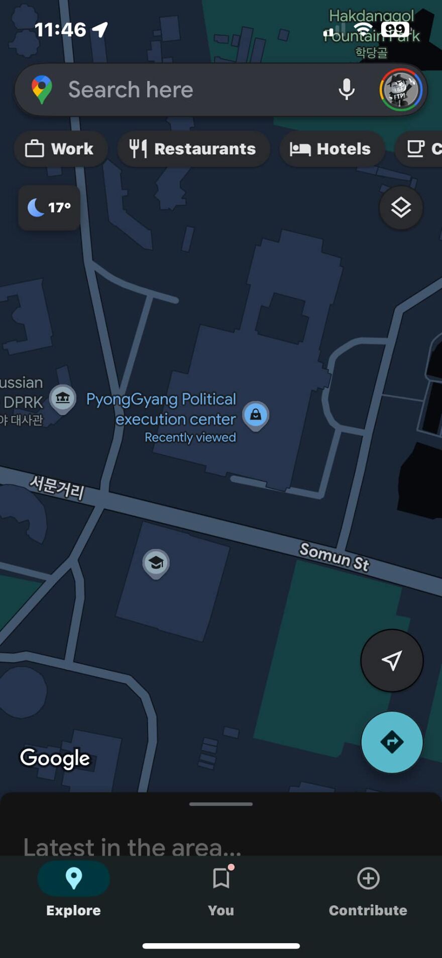 Strange Google Earth view showing Pyongyang Political E*******n Center marked on map at night.