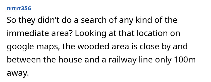 Comment discusses search near wooded area found on Google Maps related to a woman's disappearance.