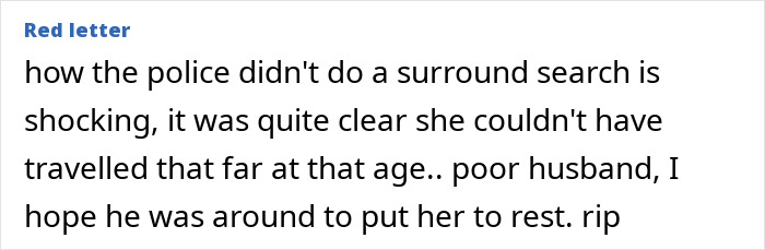 Comment discussing a woman's disappearance and the husband's experience, mentioning a lack of search effort.