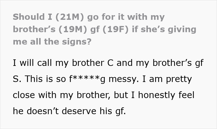 Man Thinks Brother’s Girlfriend Is Into Him, Learns The Hard Way She Isn’t: “You Need Therapy” Man Thinks Brother’s Girlfriend Is Into Him, Learns The Hard Way She Isn’t: “You Need Therapy”
