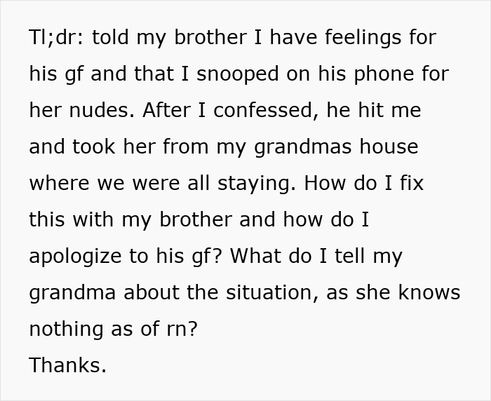 Man Thinks Brother’s Girlfriend Is Into Him, Learns The Hard Way She Isn’t: “You Need Therapy” Man Thinks Brother’s Girlfriend Is Into Him, Learns The Hard Way She Isn’t: “You Need Therapy”
